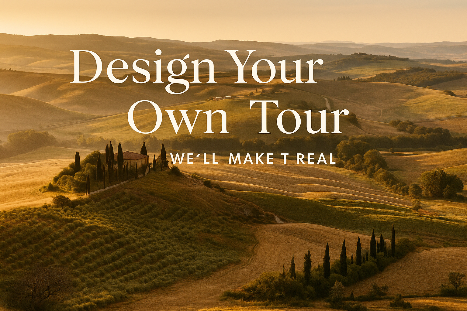 Can you write
Design Your Own Tour
We’ll Make It Real
With a beatiful toscana view
